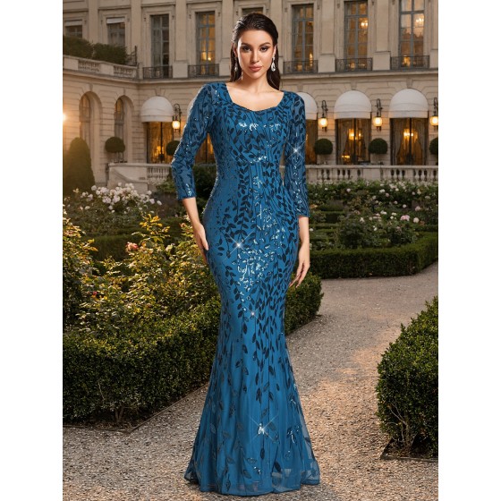 2026 New Spring & Summer Sequin Round Neck Mid-Sleeve Back Zipper Fully Lined Stylish Mermaid Evening Dress, European & American Style Long Gown for Parties