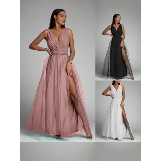 2026 New Sexy V-Neck Slim Waist High Slit Flared Glitter Evening Dress