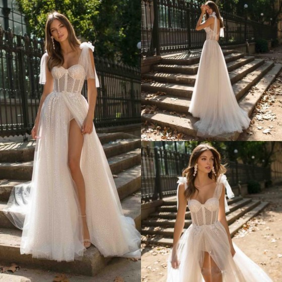 2026 New Autumn Women's Sexy High Slit Glitter Long Wedding Evening Dress (European & American Style)