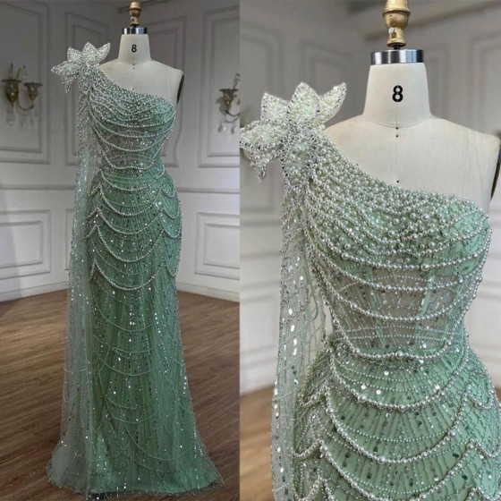 European and American style one-shoulder elegant evening dress, plus size, slim fit, figure-flattering, beaded mermaid gown