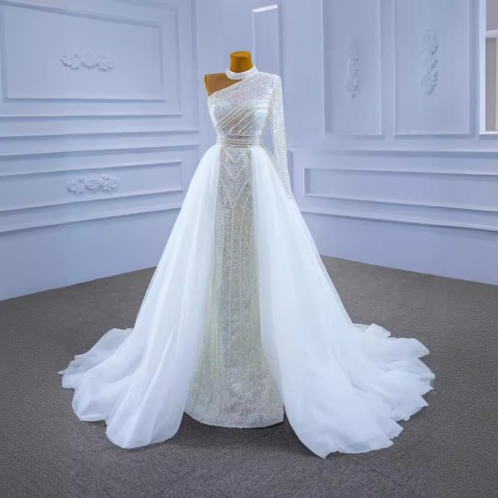 New Luxury Beaded Lace Handmade Pearl Train Wedding Dress, Princess Puffy Wedding Gown