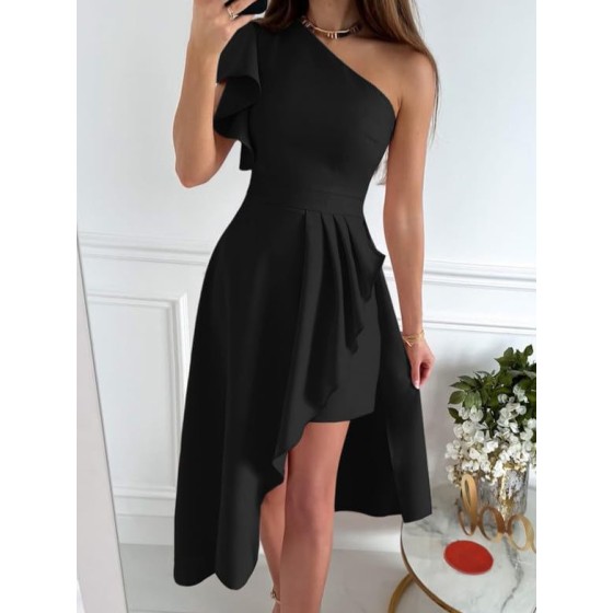 2026 New One-Shoulder Ruched Midi Dress, Wedding Bridesmaid, Prom & Banquet Evening Dress