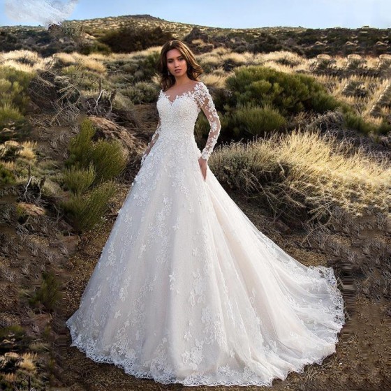 Solid Color Elegant Long Sleeve Wedding Dress for Women, New Style